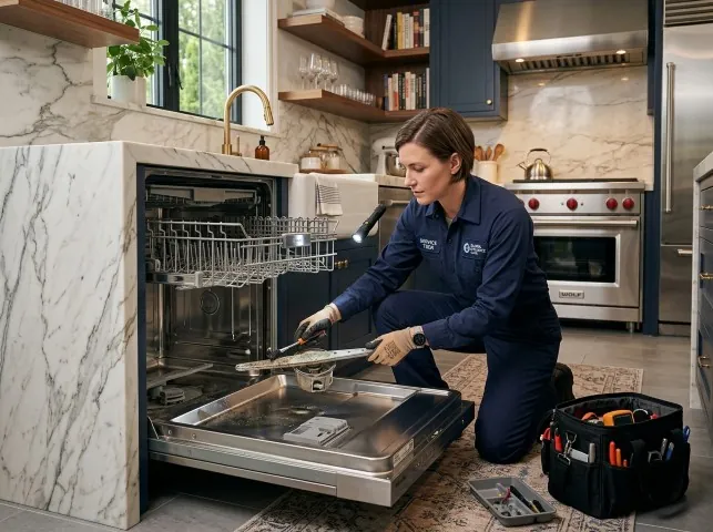 Appliance Repair Hero technician servicing a built-in dishwasher in a Brownsdale, MN kitchen