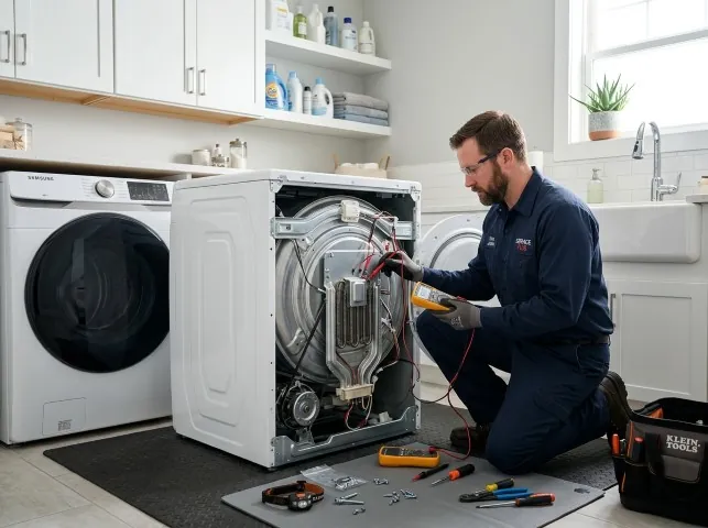 Appliance Repair Hero technician checking a dryer heating element with the rear panel off in Brownsdale, MN