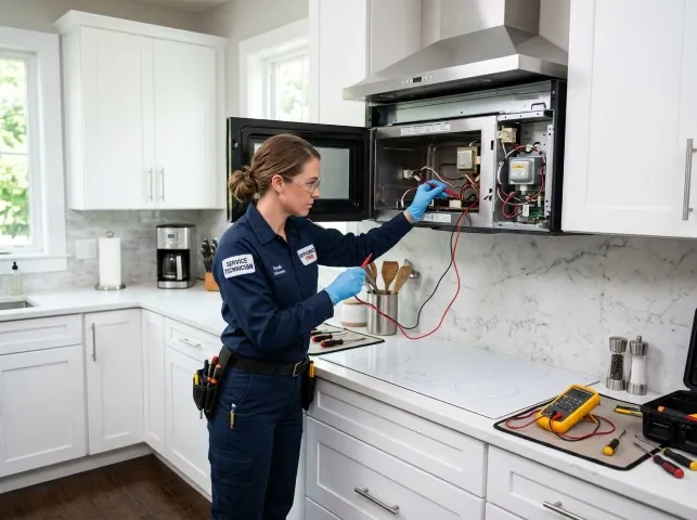 Appliance Repair Hero technician testing an over-the-range microwave in a Brownsdale, MN kitchen