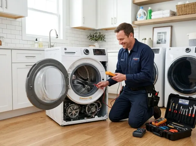 Appliance Repair Hero technician testing a front-load washer with a multimeter on a Brownsdale, MN service call